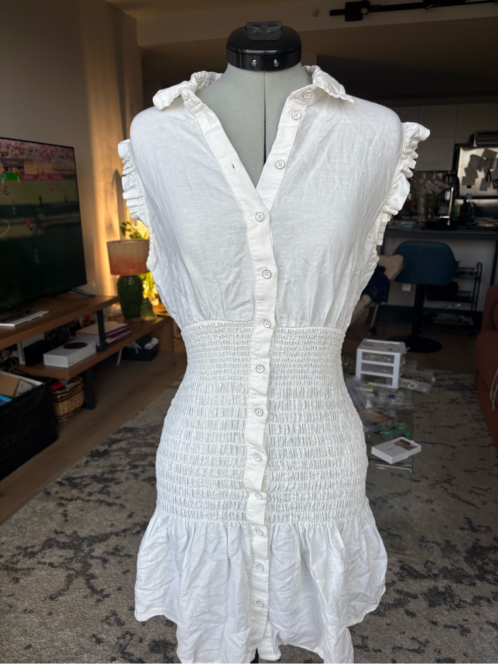 Guess White Button-Front Smocked Mini Dress